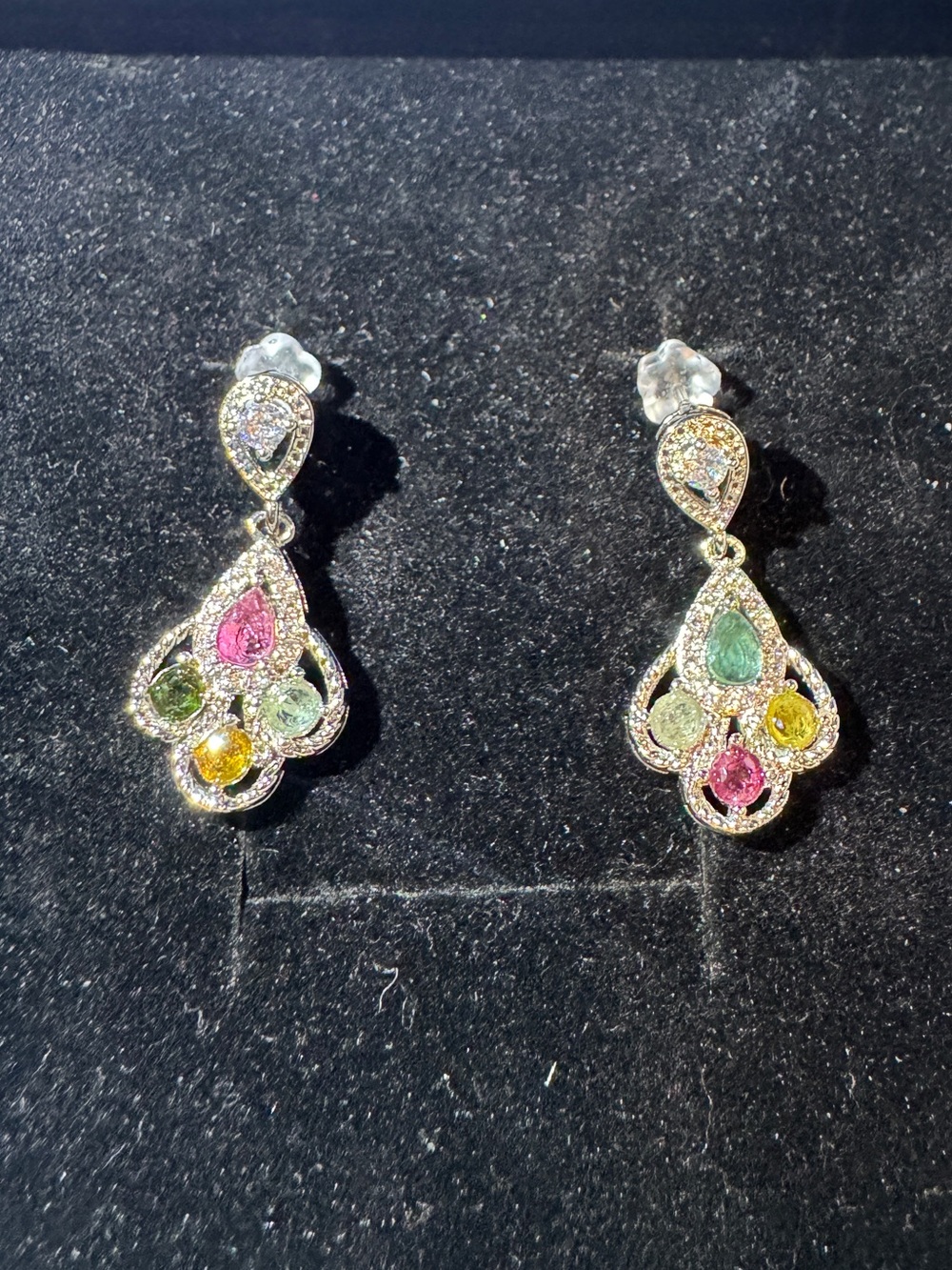 Tourmaline gem 925 Sterling post Multicolor Teardrop Halo Drop Earrings -